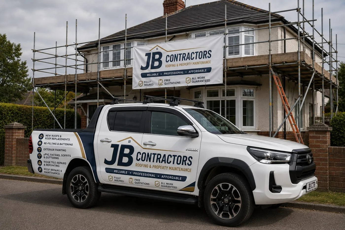 Callington Roofing pickup truck on site at a scaffolded roofing job in Callington